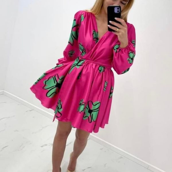 Mini satin pink dress green flowers