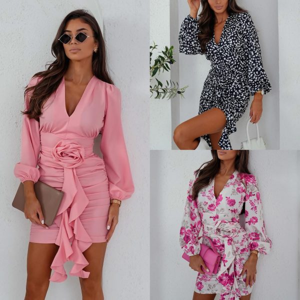 Ruched mini dress with detachable flower belt with puffy sleeves