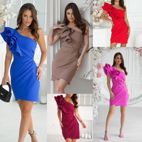 one shoulder mini dress with feathers