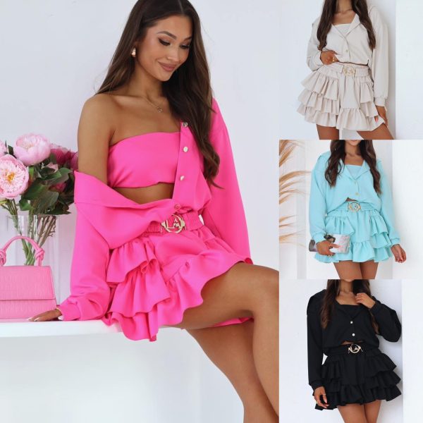 chic ruffle button-up crop top and skirt set